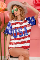 BiBi American Flag Theme USA Lettering Sequin Top