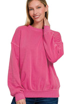 Zenana Hot Pink Soft Fleece Pigment Dye Round-neck Sweatshirt