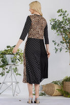 Celeste Black & Leopard Multi Pattern Front Tie Midi Dress