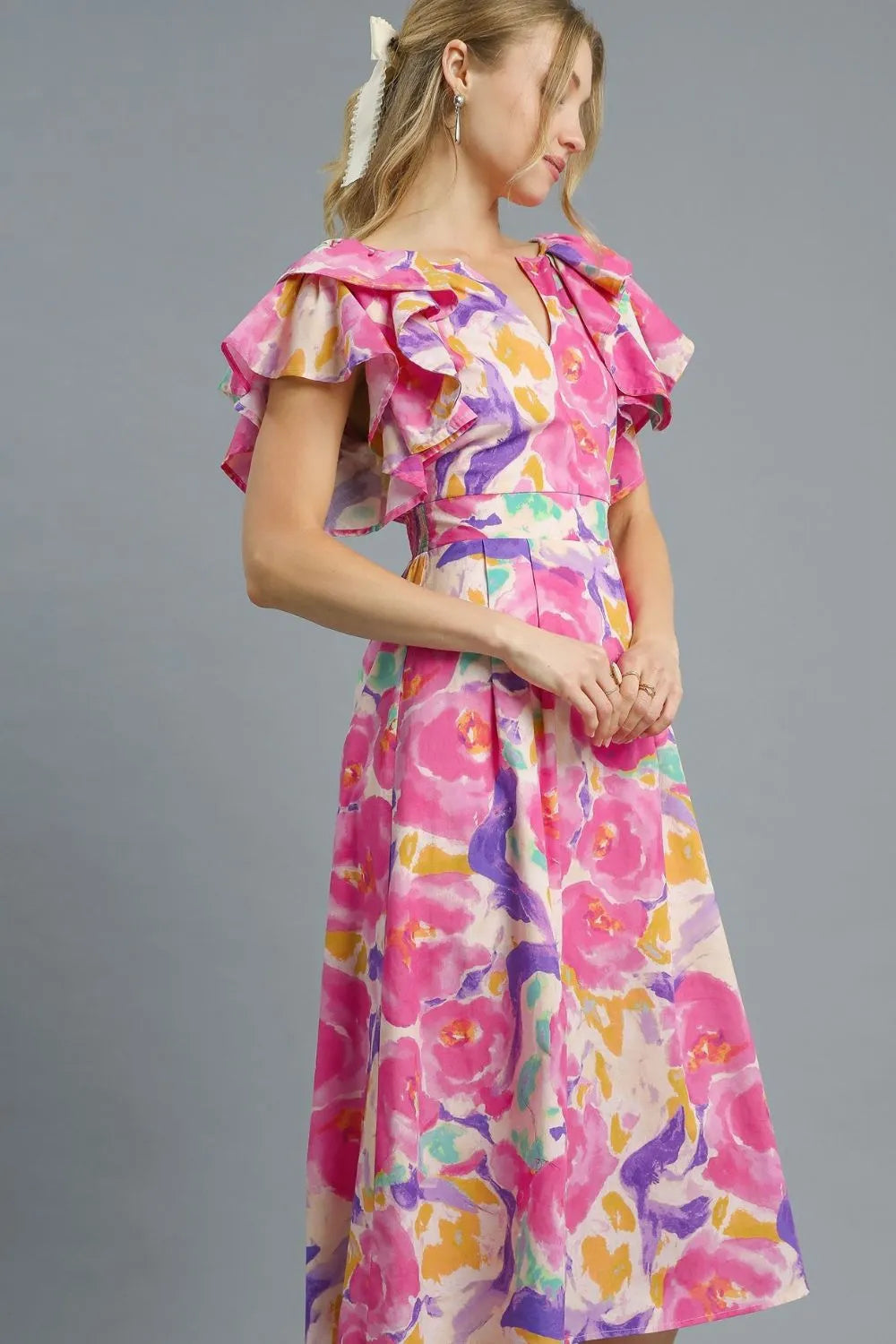 Umgee Pink Watercolor Floral Ruffled Cap Sleeve Midi Dress