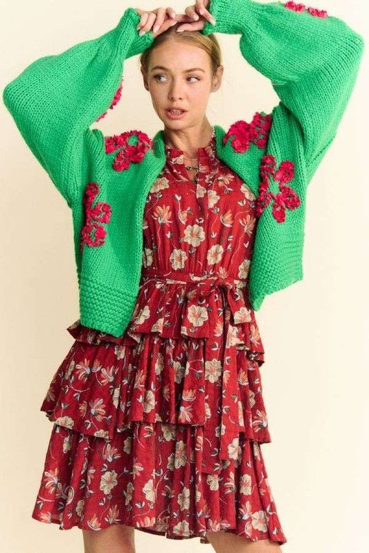 Davi & Dani Green Floral Applique Open Front Drop Shoulder Cardigan Trendsi