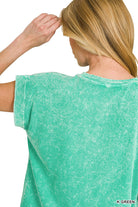 Zenana Halo Snow Washed Cotton Cuffed Short Sleeve Top
