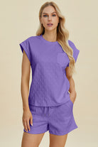 Double Take Lavender Triangle Textured Round Neck Top and Shorts Set Lavender Trendsi