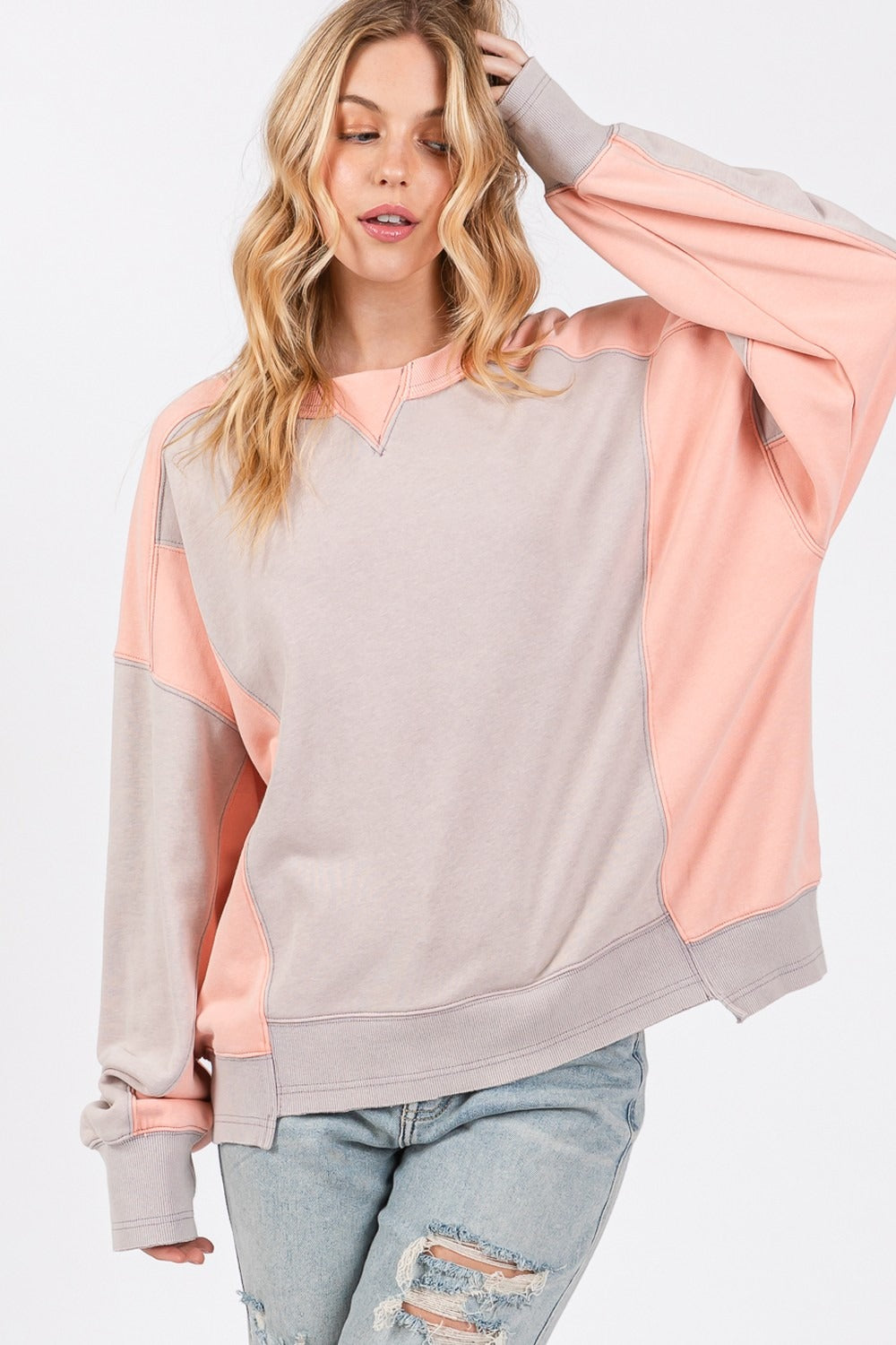 SAGE + FIG Gray & Peach Color Block Round Neck Sweatshirt Trendsi