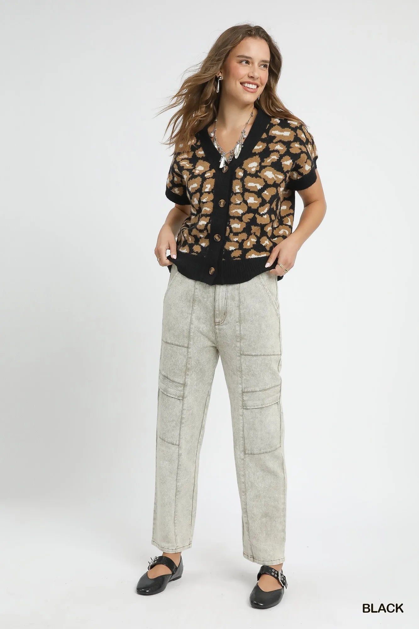 Umgee Black Leopard Button Down Short Sleeve Cardigan