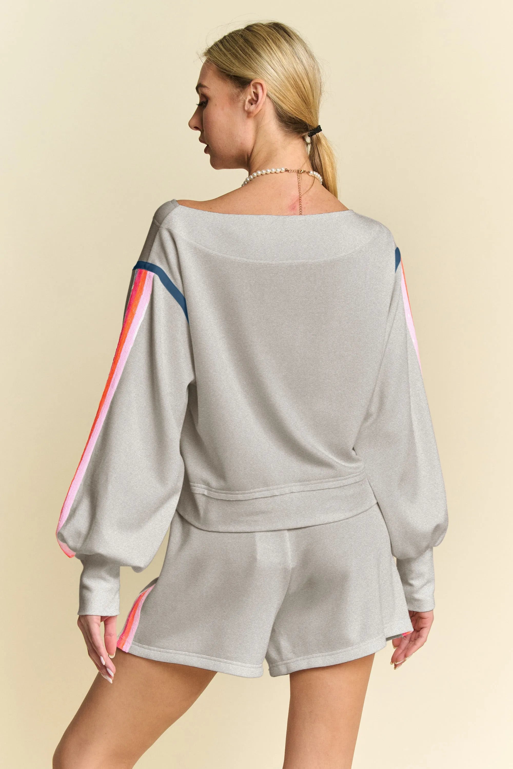 Davi & Dani Gray Sequin Stripe Long Sleeve Top And Short Set
