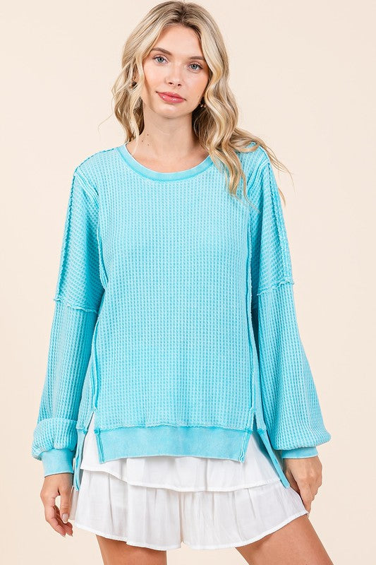 Mittoshop Tiffany Blue Mineral Wash Waffle Long Sleeve Sweatshirt