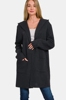 Zenana Black Hooded Open Front Sweater Cardigan Black Cardigan