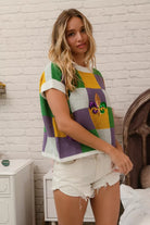 BiBi Sequin Embroidery Mardi Gras Checker Sweater Top