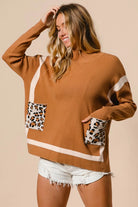BiBi Camel Mock Neck Sweater with Leopard Pocket