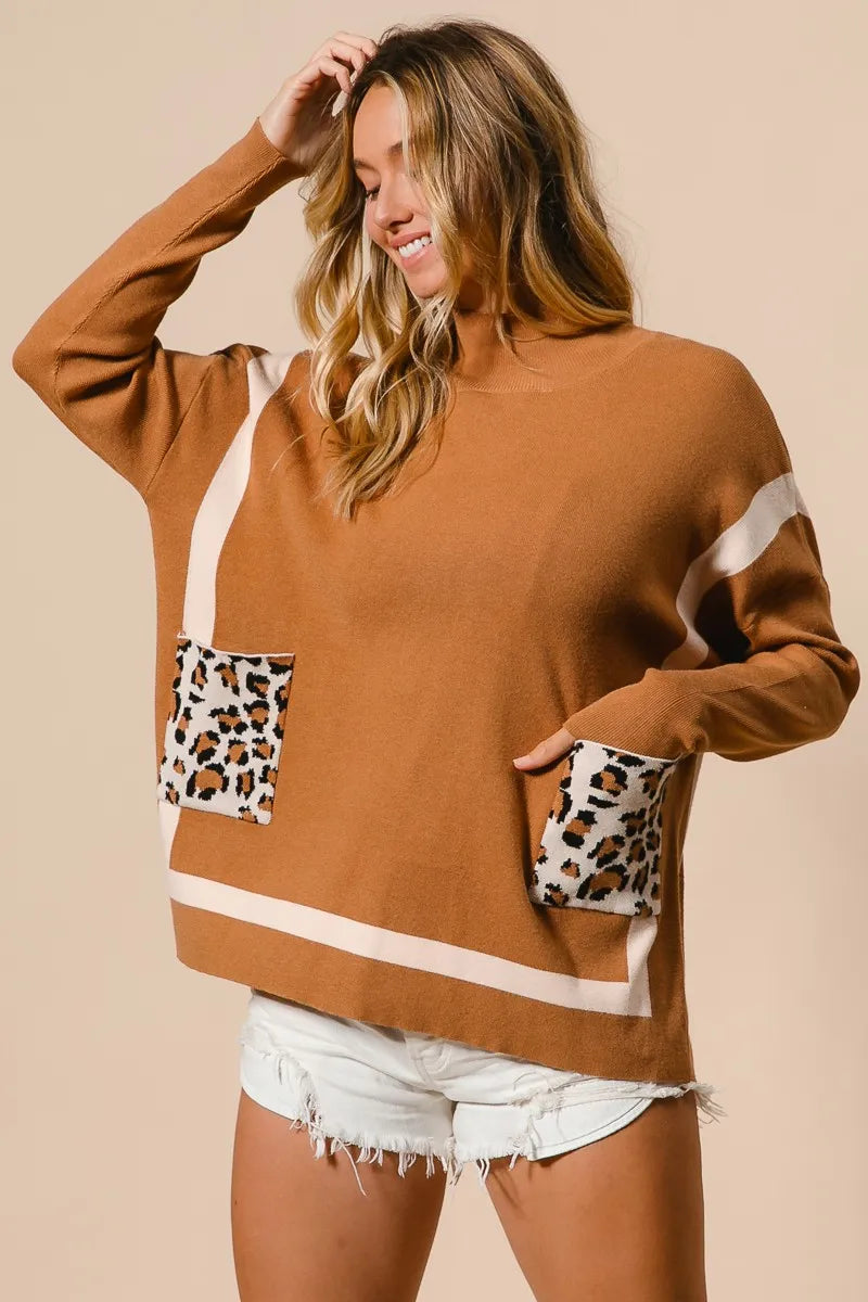 BiBi Camel Mock Neck Sweater with Leopard Pocket