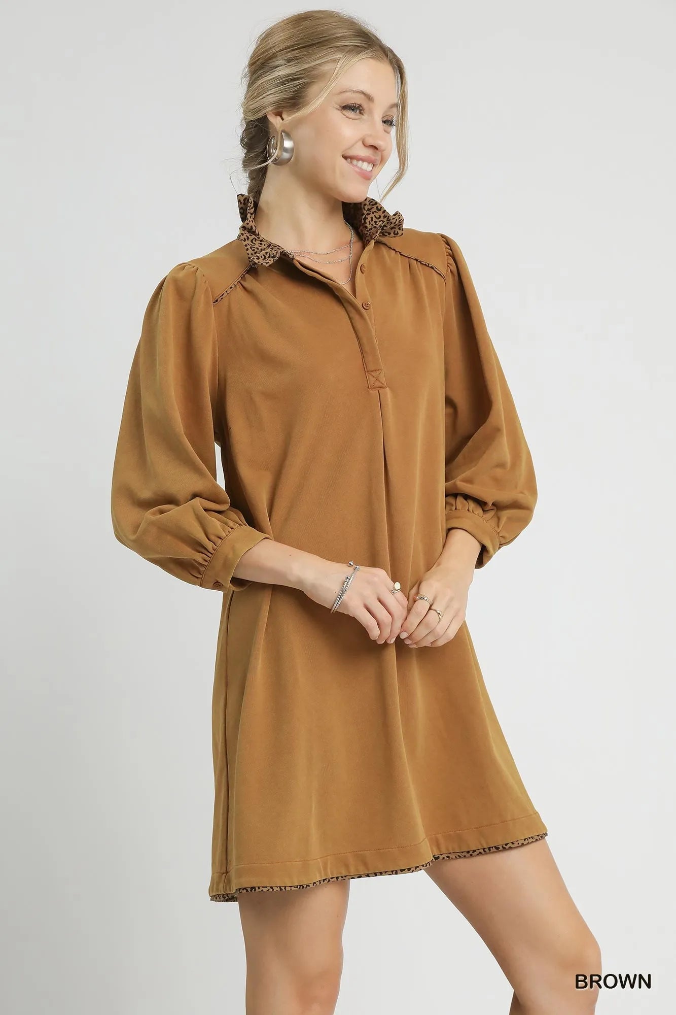 Umgee Brown French Terry Balloon Sleeve Shift Dress with Leopard Print Detail