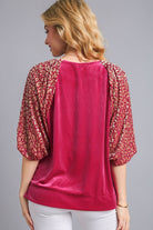 Umgee Raspberry Velvet Round Neck Leopard Balloon Sleeve Top Shirts & Tops