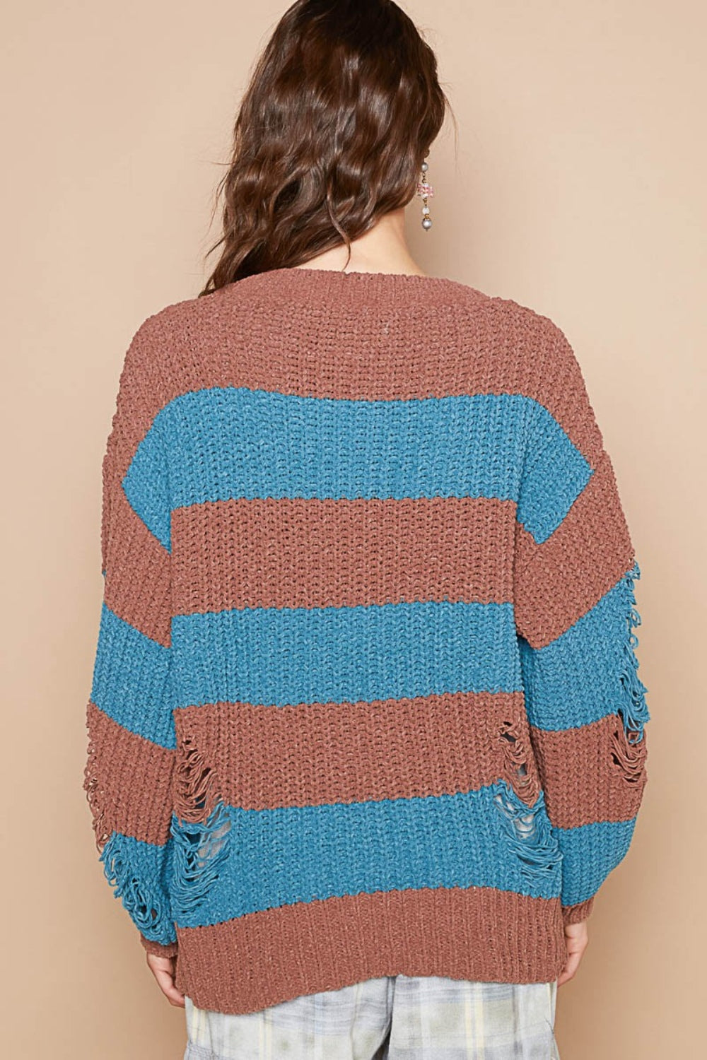 POL Striped Distressed Long Sleeve Sweater Trendsi