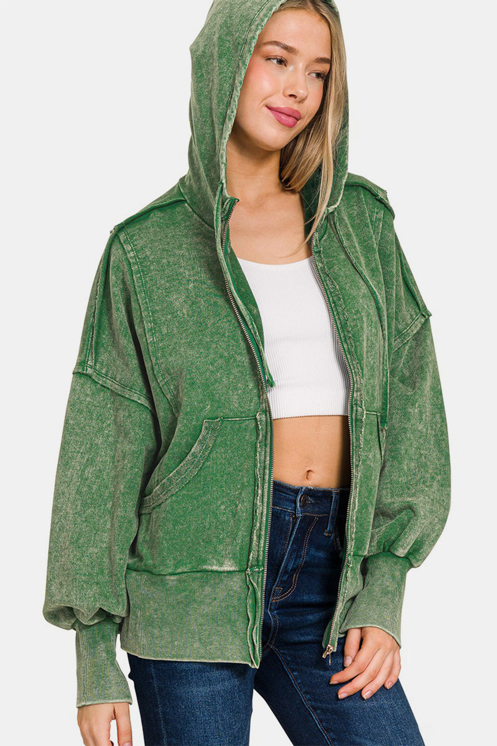 Zenana Dark Green Acid Washed French Terry Zip-Up Hoodie with Pockets Dk Green Trendsi