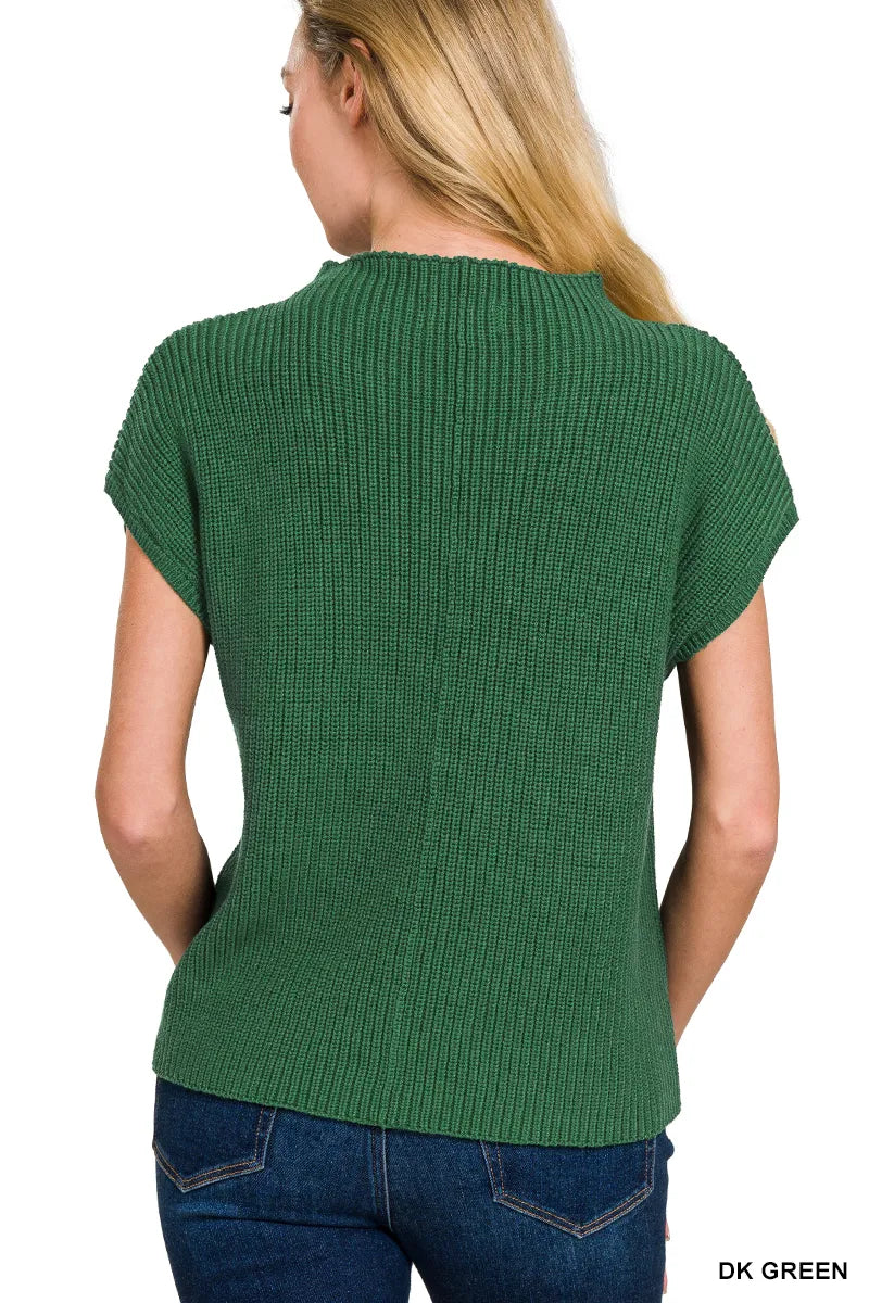 Zenana Dark Green Mock Neck Short Sleeve Sweater