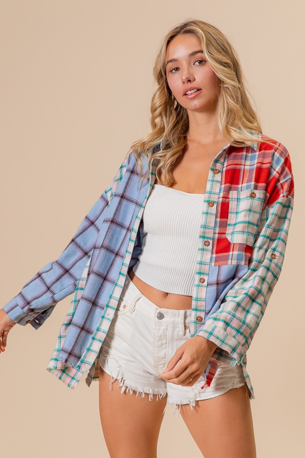 BiBi Denim Color Block Plaid Button Down Shirt Trendsi