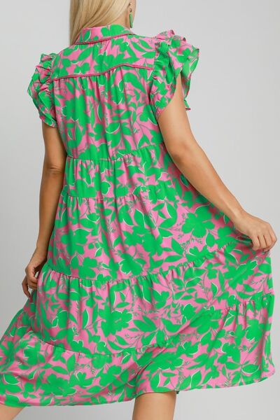 Umgee Emerald Mix Floral Collared Ruffle Cap Sleeve Midi Dress