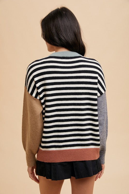 Annie Wear Ivory & Black Striped Color Block Round Neck Sweater