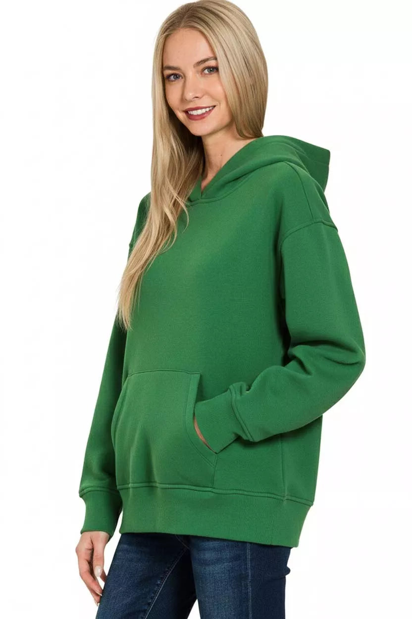 Zenana Dark Green Fleece Kangaroo Pocket Hoodie