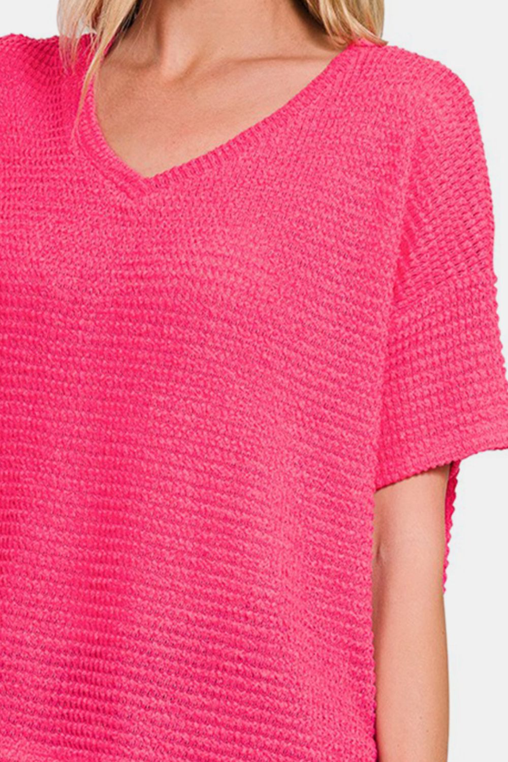 Zenana Fuchsia Drop Shoulder Short Sleeve Jacquard Knit Top Trendsi