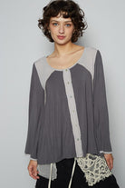 POL Dark Gray Contrast Button Front Long Sleeve Knit Top Dark Gray