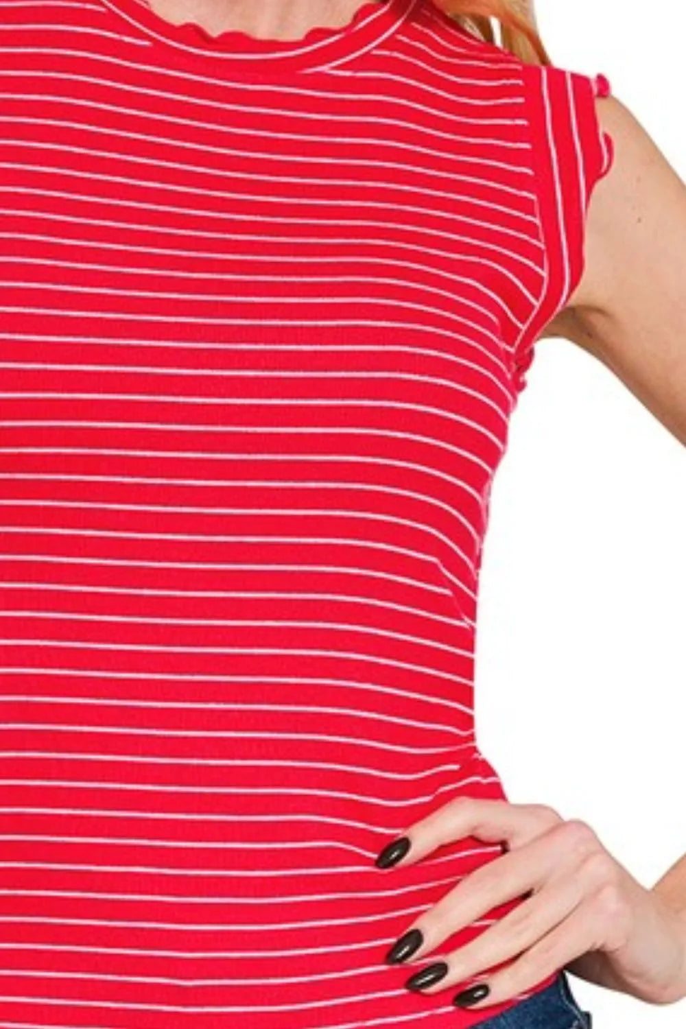 Zenana Red & White Ribbed Ruffle Trim Sleeveless Stripe Top