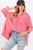 SAGE + FIG Cardiff Pink Oversized Frayed Hem Side Slit Button Down Shirt