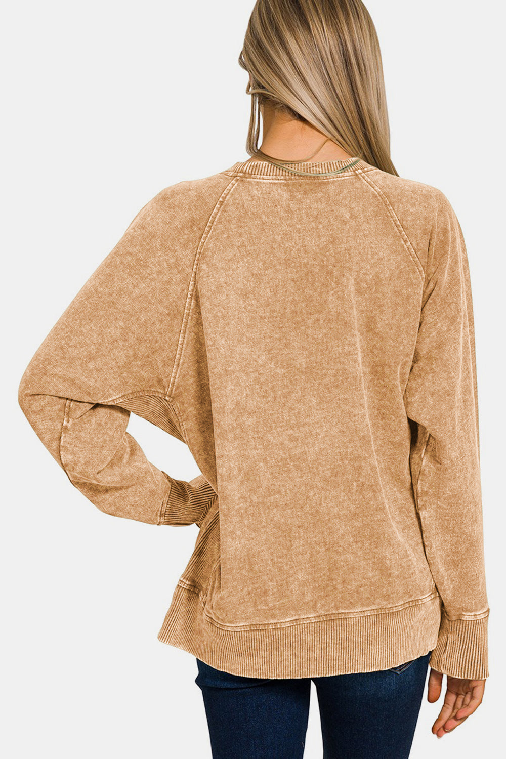 Zenana Camel Acid Washed Pocketed Round Neck Sweatshirt Shirts & Tops