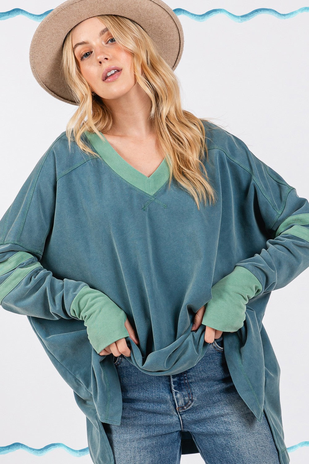 SAGE + FIG Teal Mineral Washed Side Slit Contrast Top Trendsi