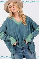 SAGE + FIG Teal Mineral Washed Side Slit Contrast Top Shirts & Tops