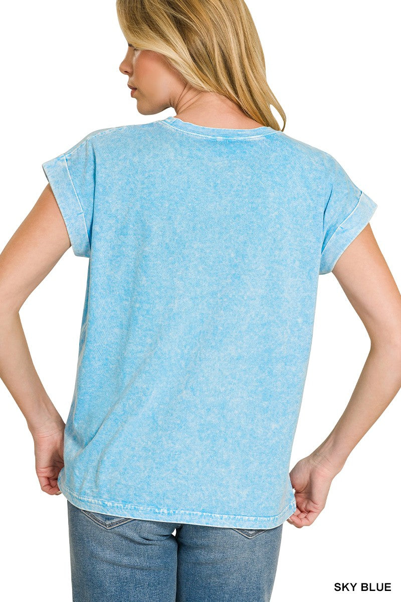 Zenana Sky Blue Halo Snow Washed Cuffed Short Sleeve Tee
