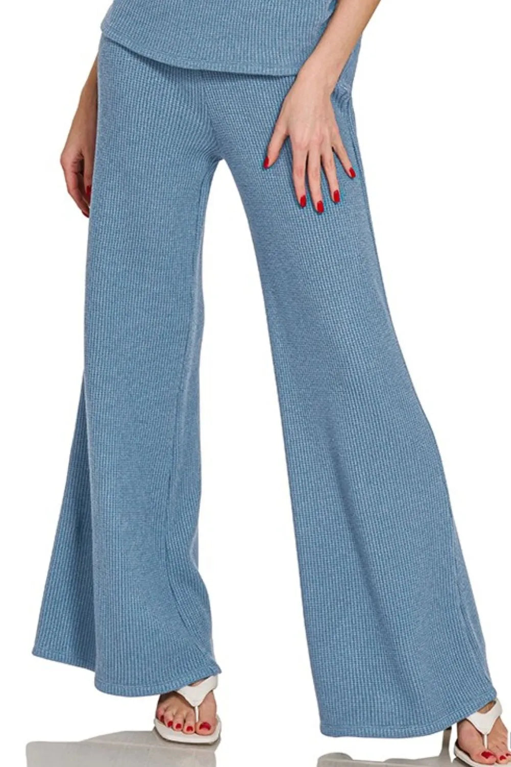 Zenana Dusty Blue Sweater Mock Neck Top & Long Pants Set