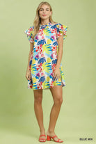 Umgee Blue Mix Ruffled Botanical Print Mini Dress