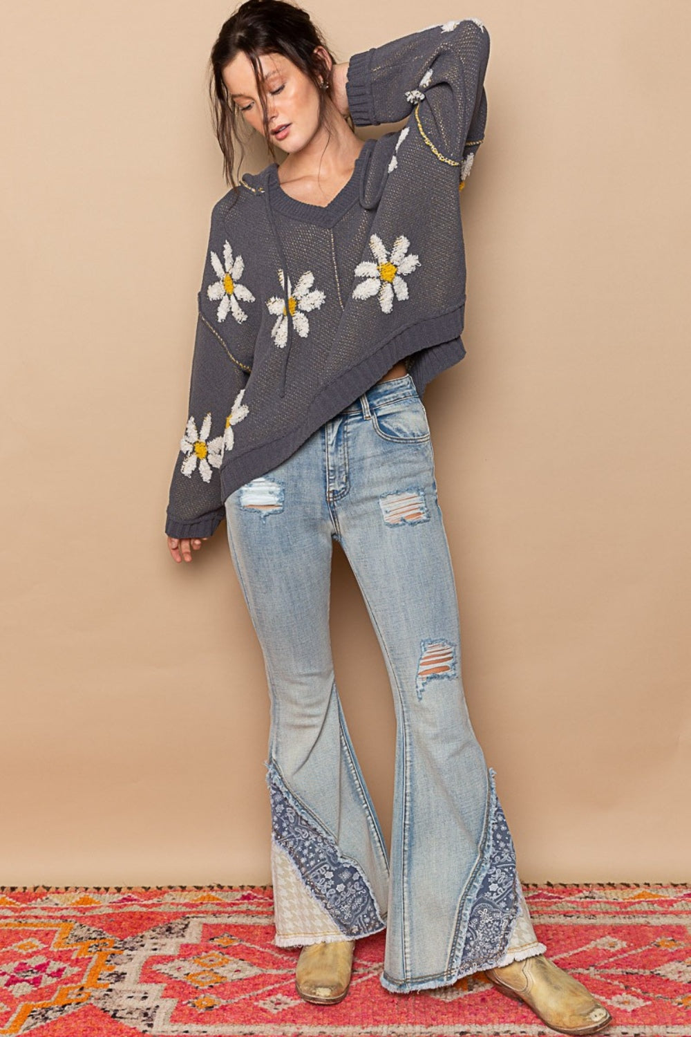 POL Charcoal Floral Pattern Hooded High-Low Sweater Trendsi