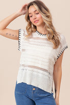 BiBi Ivory Stitch Edge Pointelle Side Slit Sweater Vest Ivory Black Trendsi