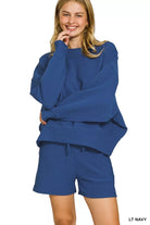 Zenana Light Navy Ribbed Round Neck Pullover and Shorts Set