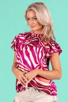 BiBi Fuchsia Tiered Ruffle Neck Zebra Pattern Blouse
