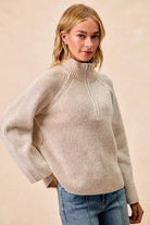 BiBi Taupe Two Tone Rib Texured Knit Collared Top with Zip Up