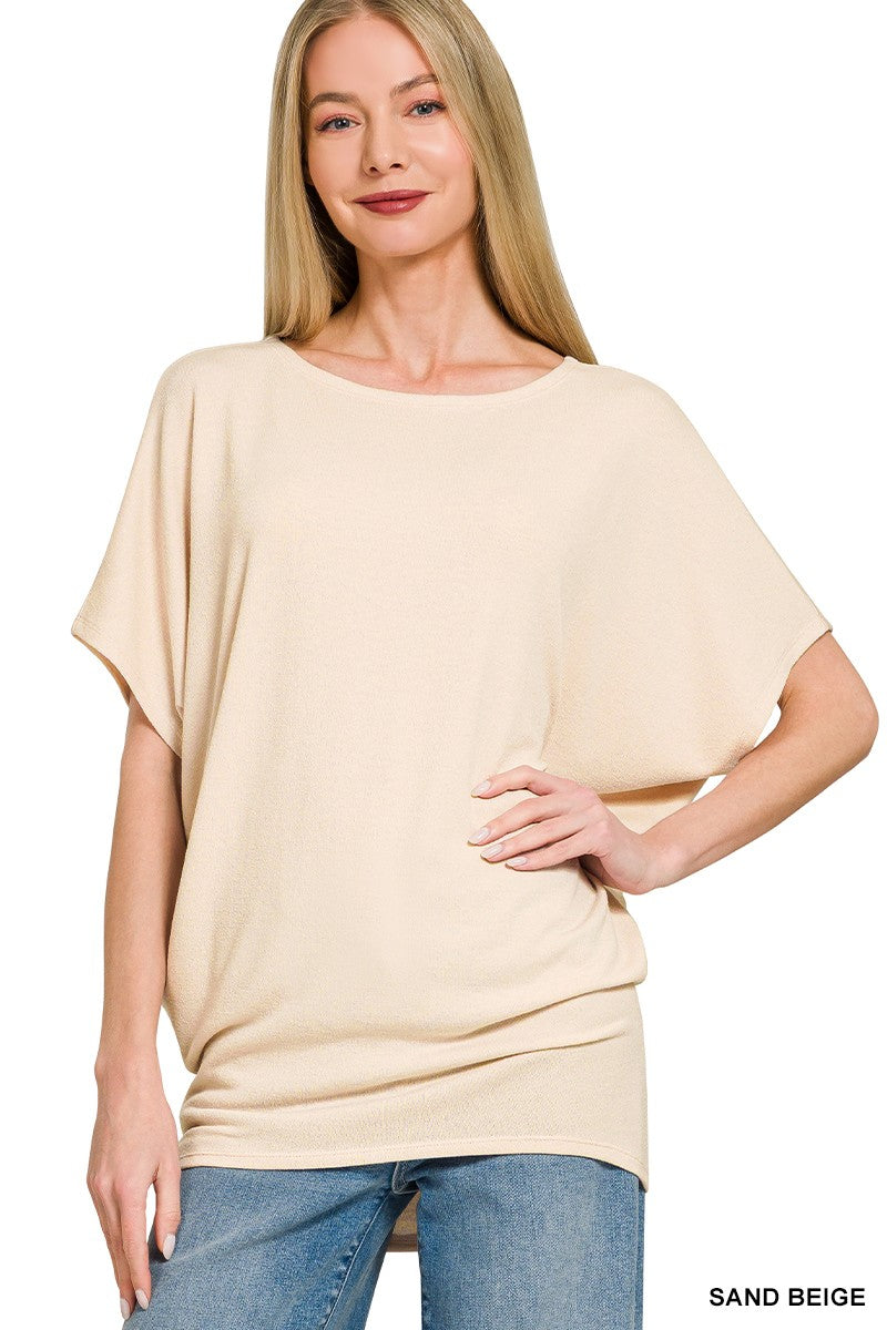 Zenana Sand Beige Hacci Dolman Sleeve Boat Neck Top SAND BEIGE