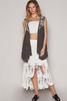 POL Charcoal Embroidered Pearls Open Front Sleeveless Cardigan