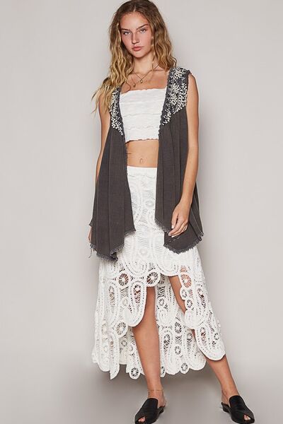 POL Charcoal Embroidered Pearls Open Front Sleeveless Cardigan