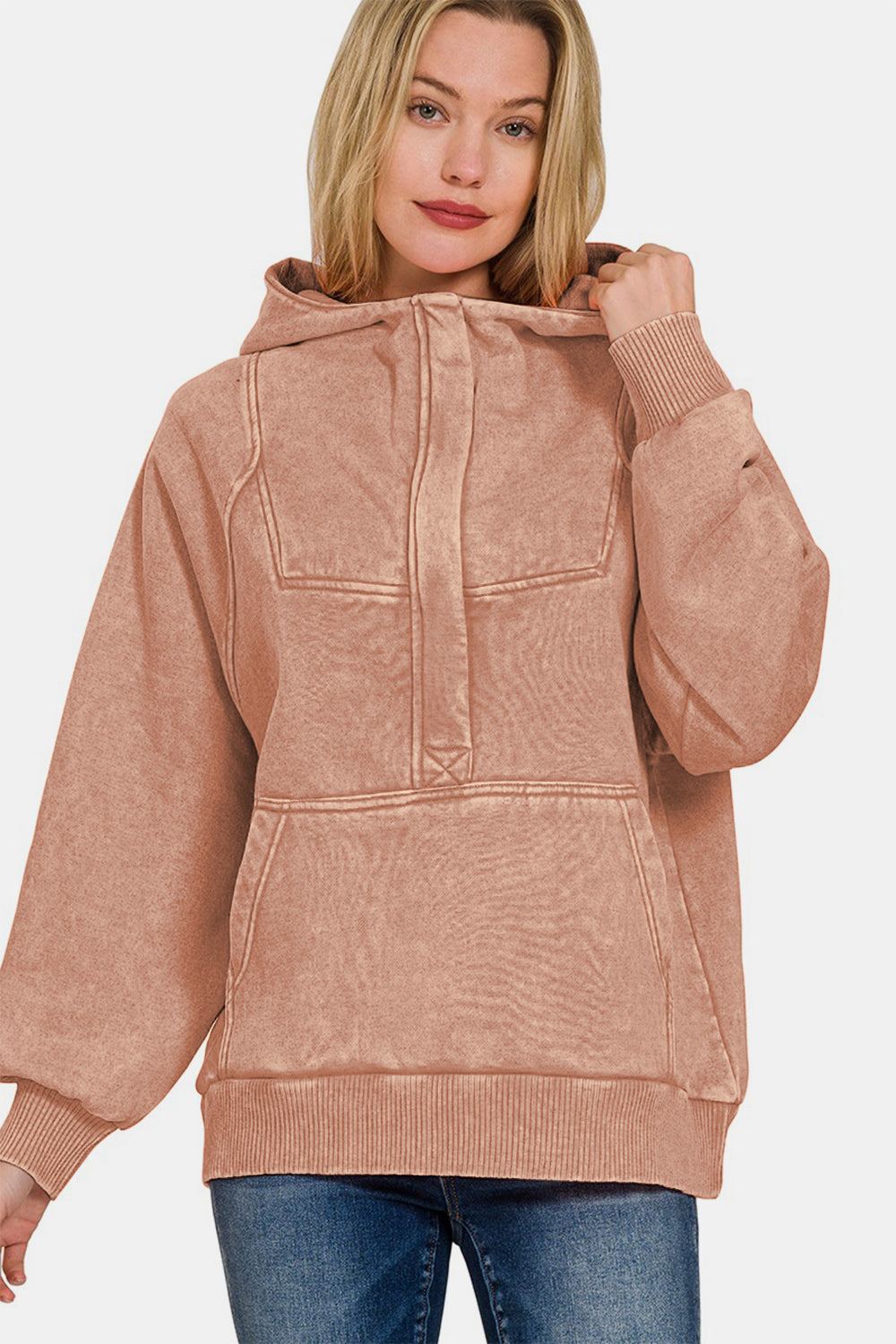 Zenana Rust Acid Wash Fleece Kangaroo Hoodie Shirts & Tops