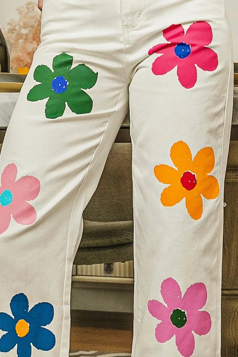 BiBi Off White Flower Print Straight Legs Pants