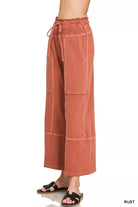 Zenana Rust French Terry Washed Exposed-seam Wide Leg Pants