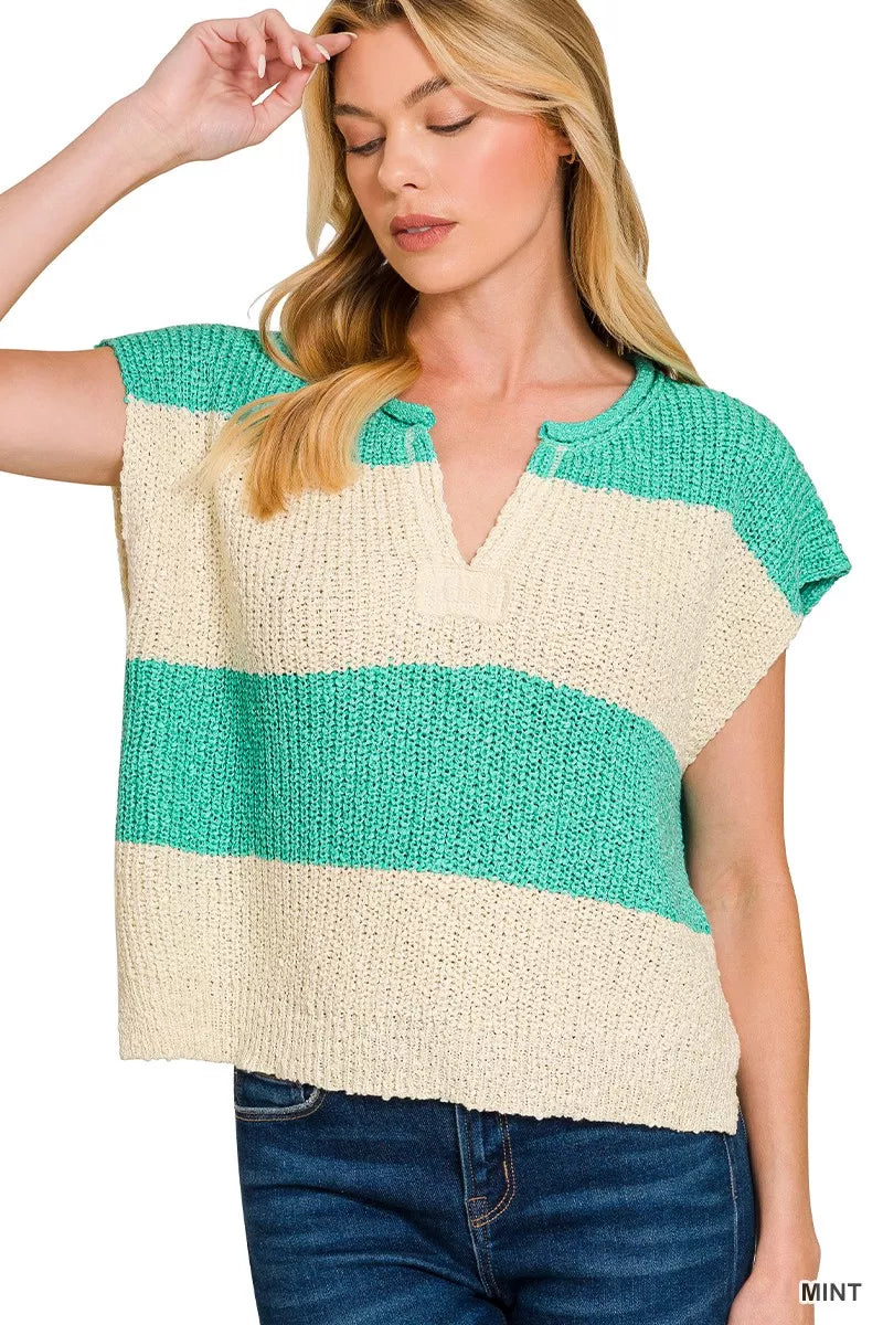 Zenana Split Neck Sleeveless Stripe Sweater MINT