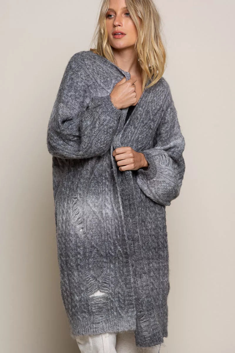 POL Distressed Cable-Knit Ombre Dying Cardigan COOKIES AND CREAM