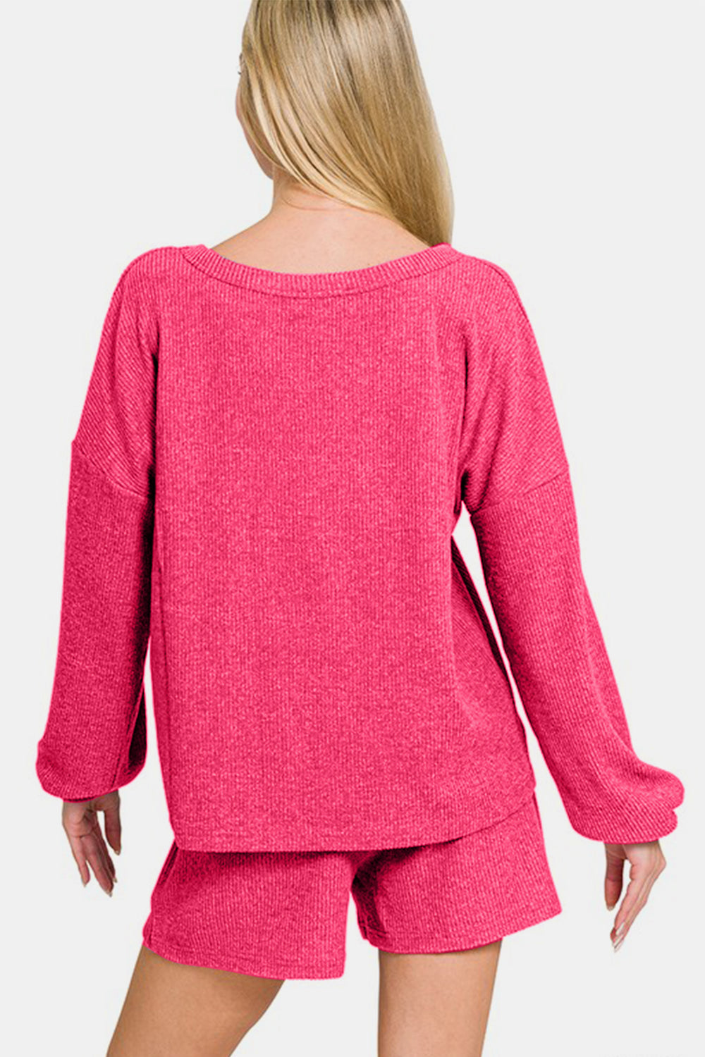 Zenana Strawberry V-Neck Long Sleeve Ribbed Top and Shorts Set Loungewear Set