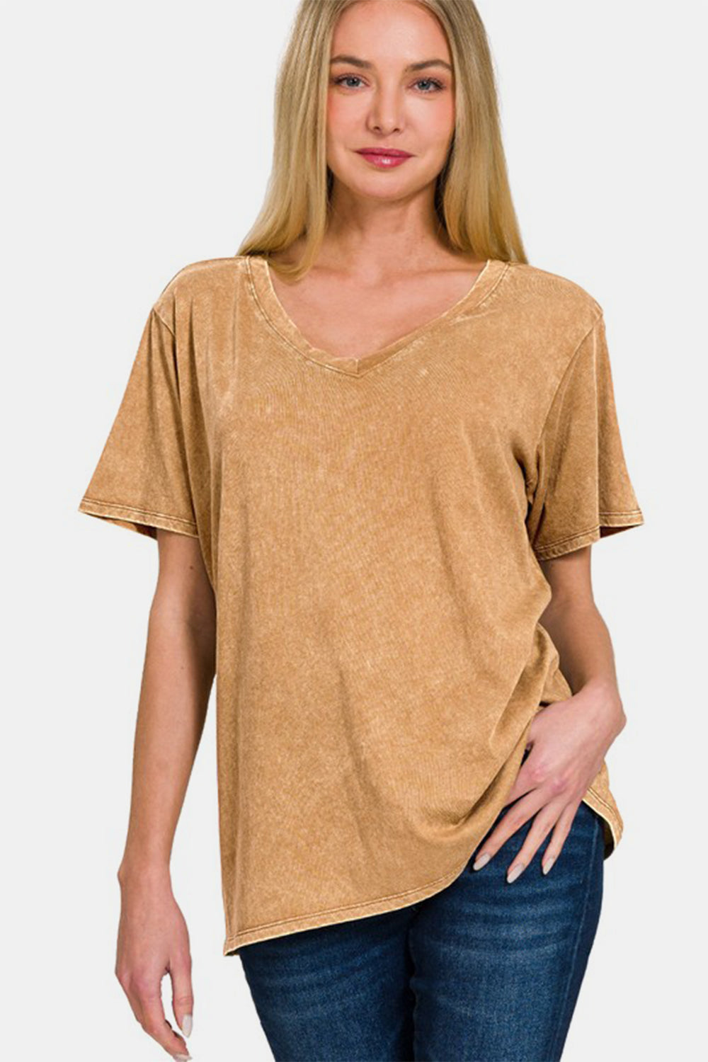 Zenana Camel Washed Short Sleeve V-Neck T-Shirt Camel