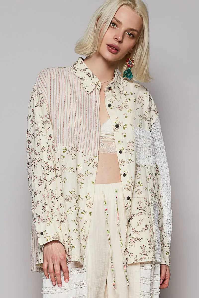POL Lace Patchwork Floral Button-Up Long Sleeve Shirt NATURAL MULTI